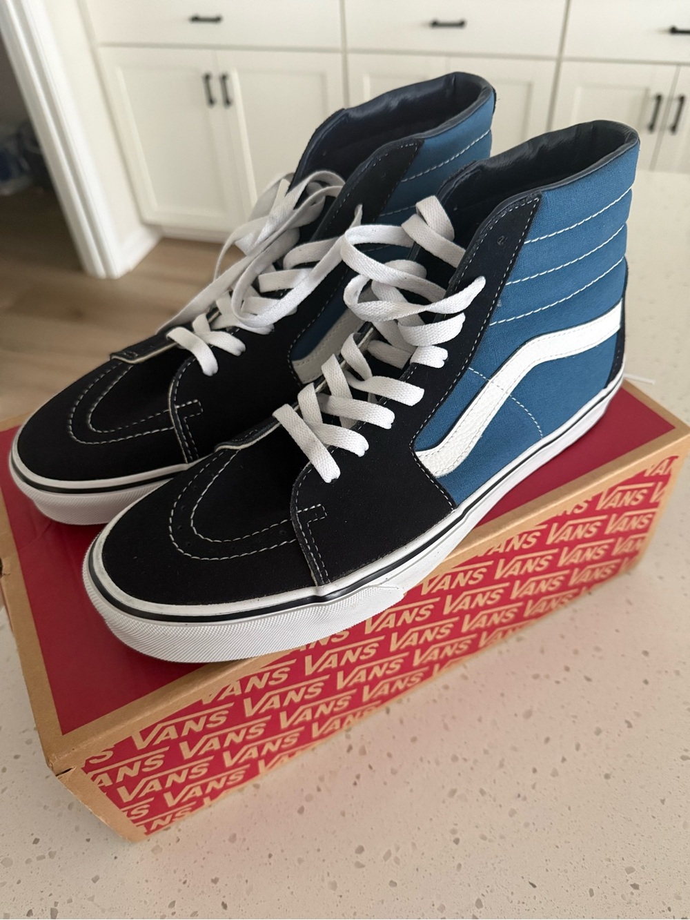 Vans SK8-Hi High Top Sneakers in Black, Blue & White
